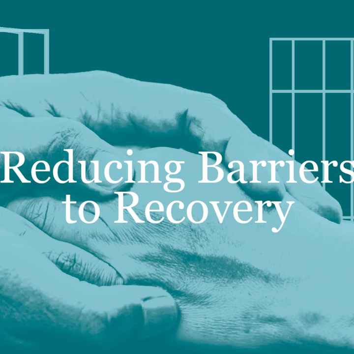 Teal and blue helping hands in front of jail bars. "Reducing Barriers to Recovery" in white text centered in front
