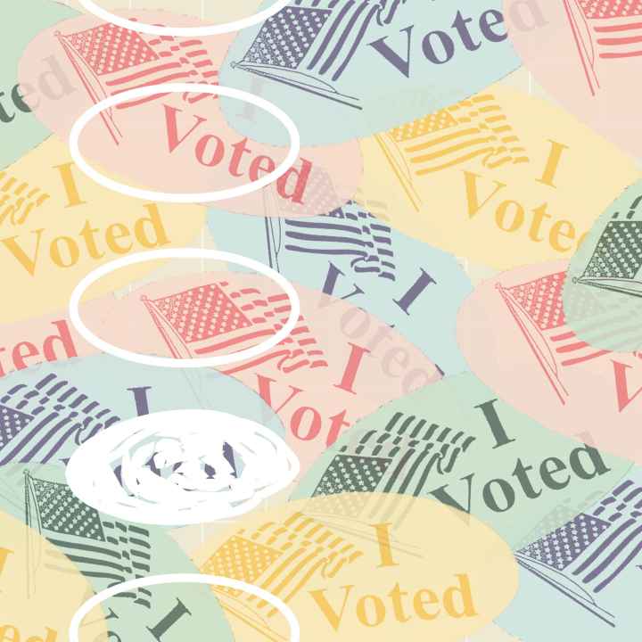 Colorful "I Voted" stickers with a filled in circle over them.