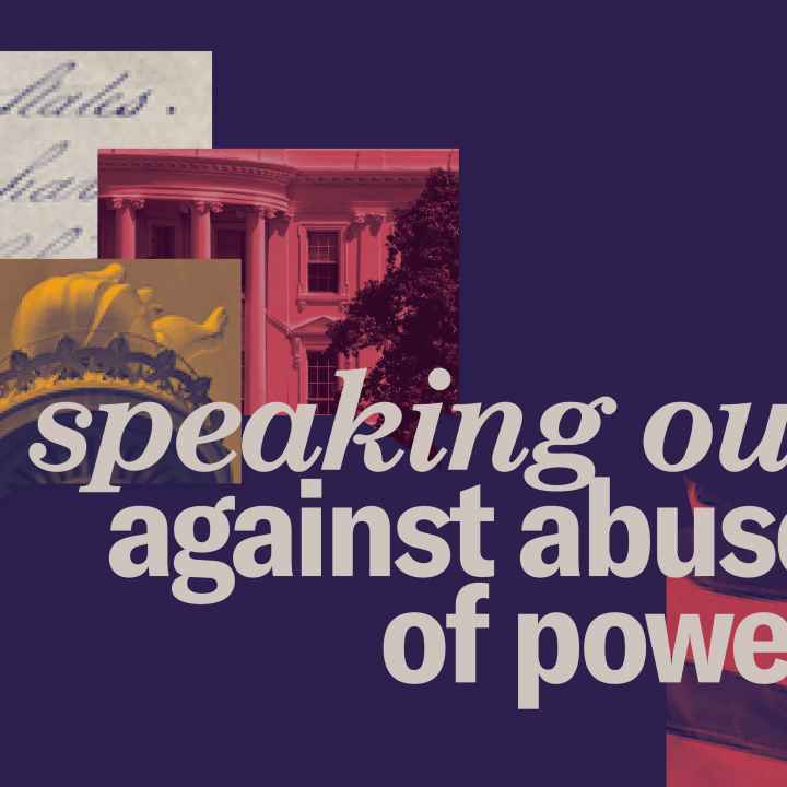 Navy background. Dialog boxes with different images of the flag, Constitution, White House. White text "speaking out against abuse of power"