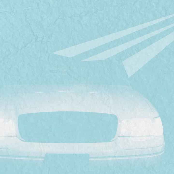 Light blue background with texture of a road. Car in white with three lines behind it