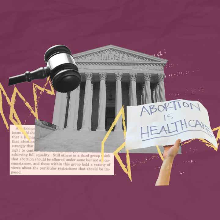 Maroon background. Collage of the Supreme Court, draft decision, gavel, and hand holding a sign that says "Abortion is Health Care"