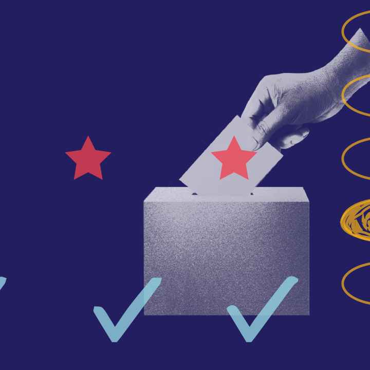 Dark blue background. Dark blue and white hand putting a ballot in a ballot box. Three light blue check marks along the bottom, three red stars across the middle and the ballot box. five yellow fill in bubbles with the fourth filled in along the right.