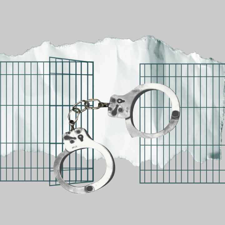 Gray background. Dark green jail cell with black and white handcuffs