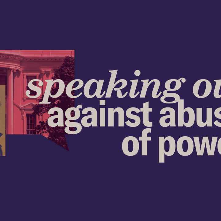 Navy background. Dialog boxes with different images of the flag, Constitution, White House. White text "speaking out against abuse of power"