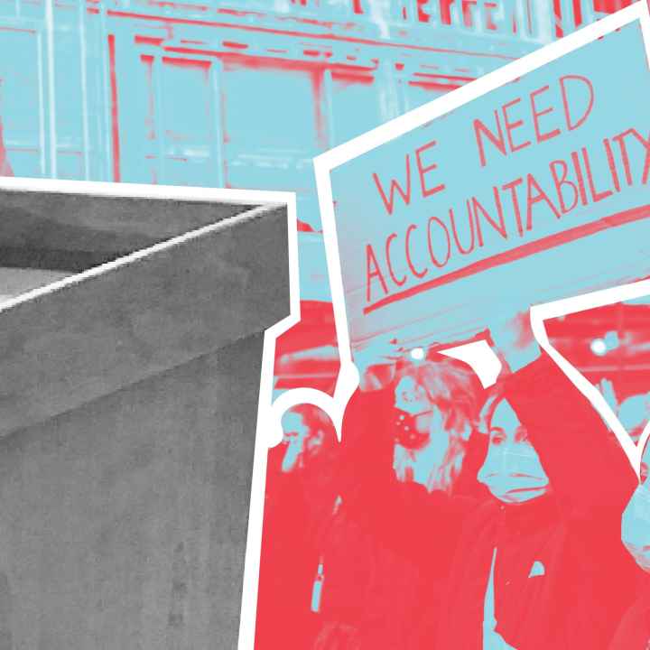 On left b/w image of podium, in the rest of the image a light blue/red filtered image of a protest with a protestor holding a sign "WE NEED ACCOUNTABILITY" and buildings behind them.