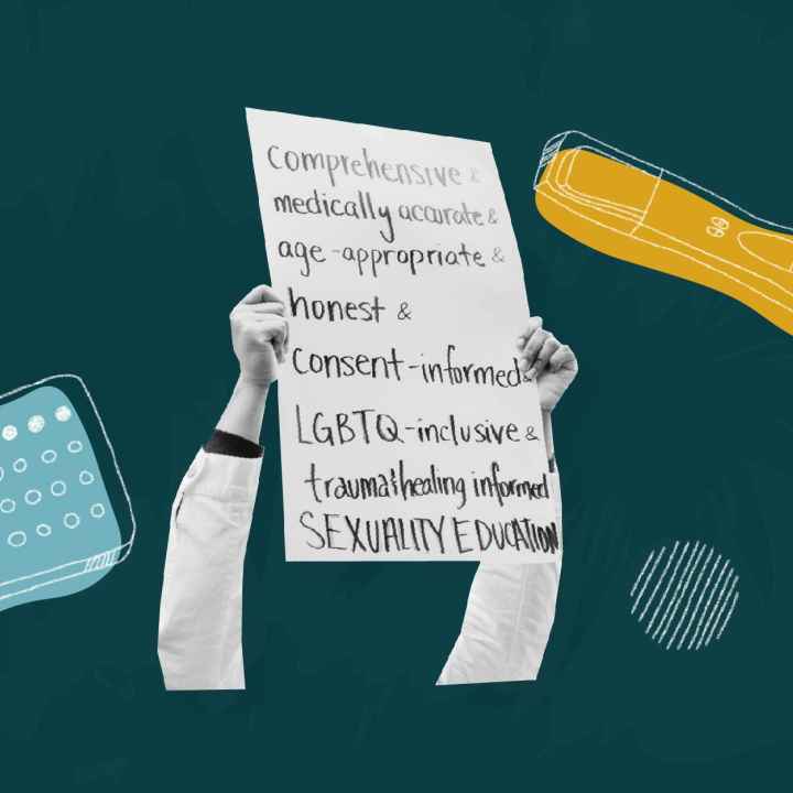 Dark green background. Black and white image of person's arms holding a sign. On the left a blue birth control, on the right a yellow pregnancy test