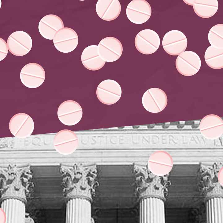 Supreme Court building with maroon top and abortion pills 