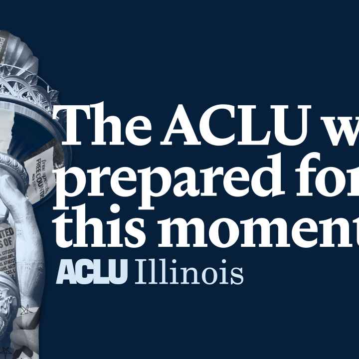 Navy background. Statue of Liberty torch with overlays. White text: "The ACLU was prepared for this moment"