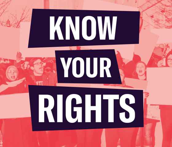 Red filtered image of peeople protesting. White text "Know Your RIghts"