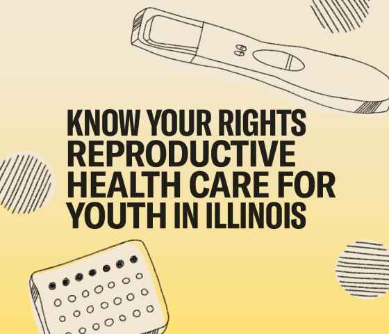 Light yellow background with black line drawings of birth control and a pregnancy test. Black bold text says: "Youth Reproductive Health Care in Illinois"