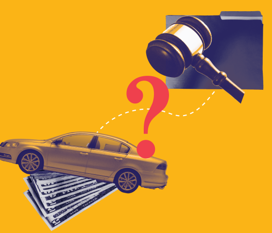 Yellow background with red lines. Yellow car over money on left, navy file folder and gavel on the right. Connected with a dotted line and big red question mark in the center of the line. 