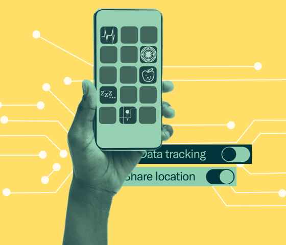 Yellow background with white data points. Green filtered image of hand holding a phone with apps. In the bottom right two rectangles with toggle switches for location tracking and data console.