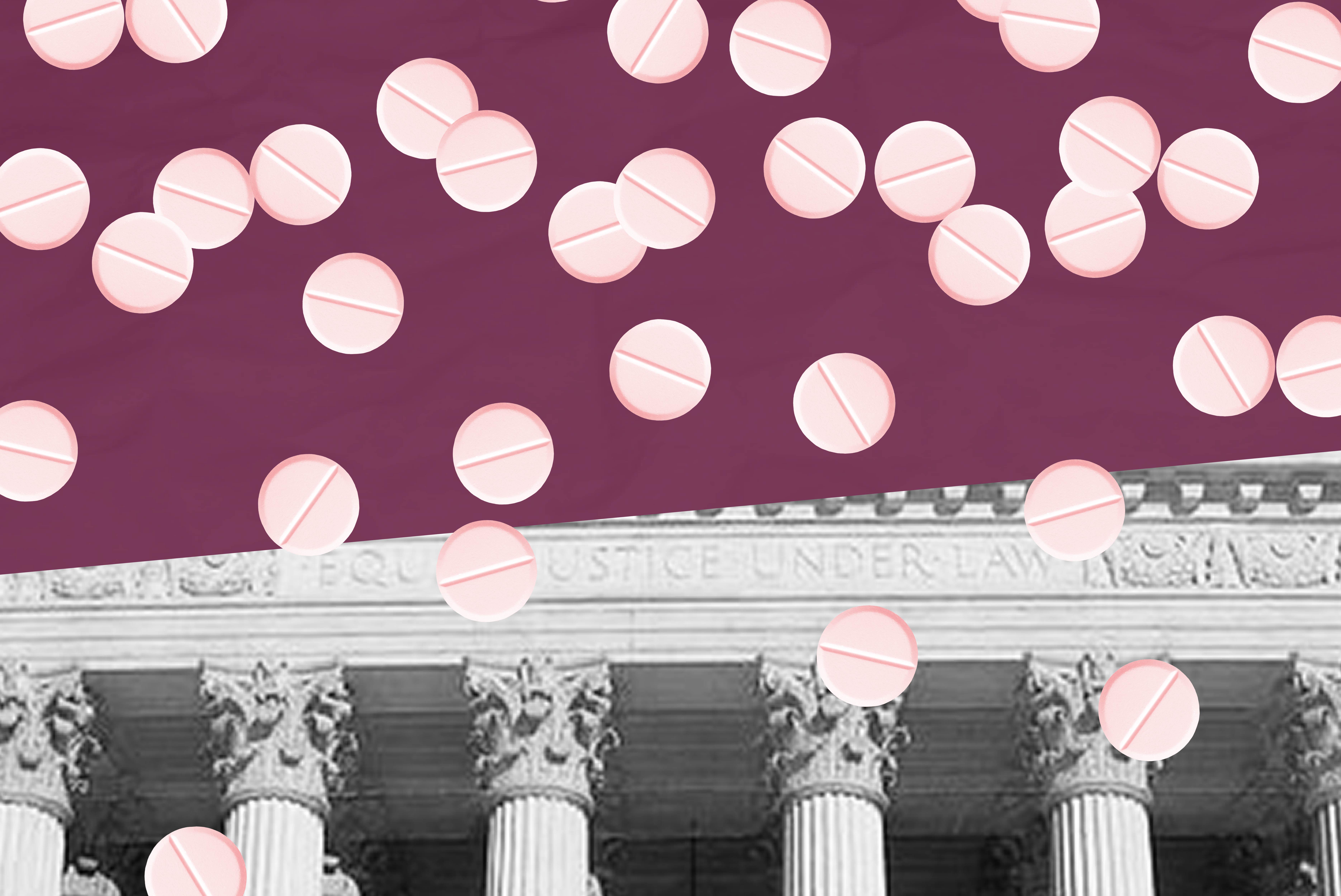 Supreme Court building with maroon top and abortion pills 
